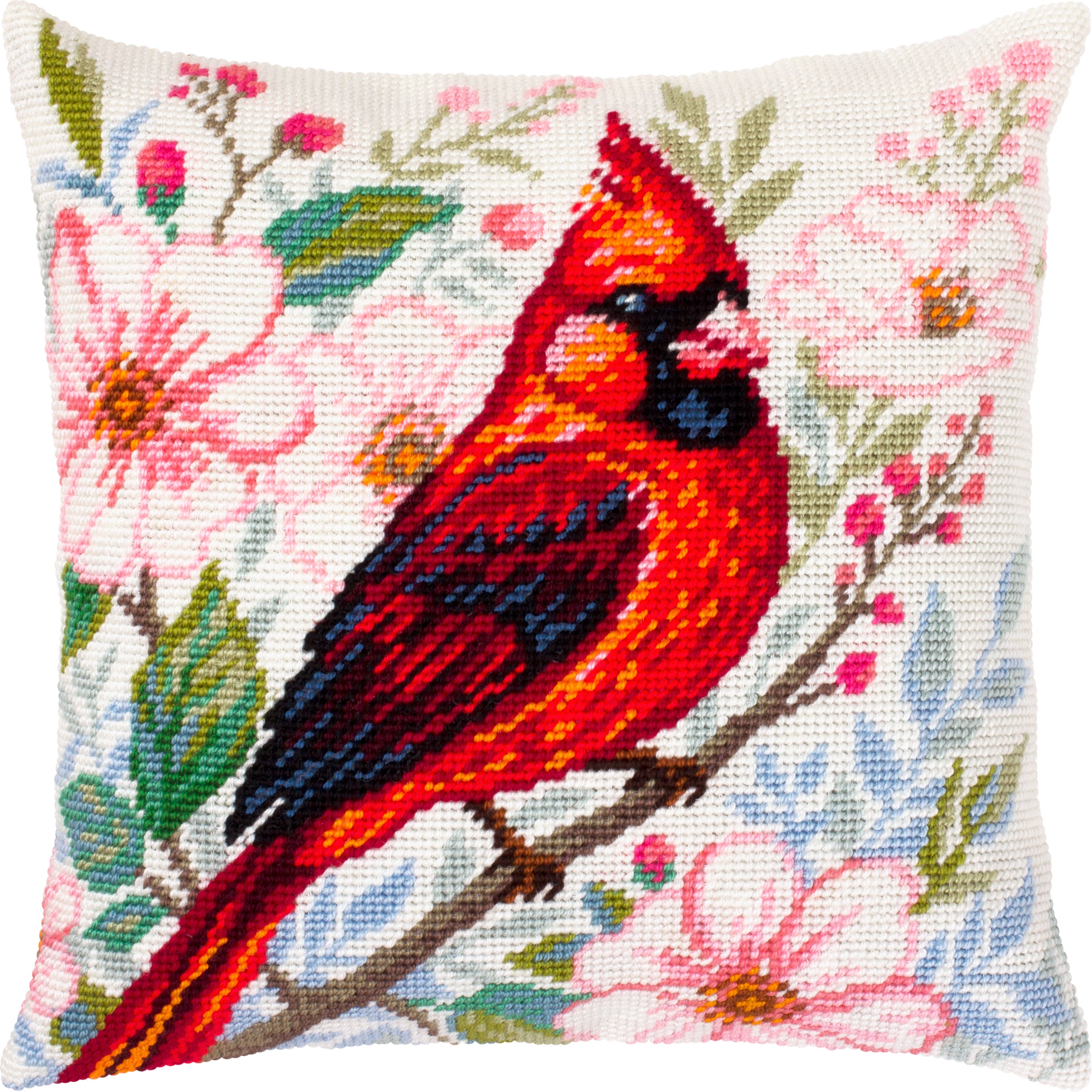 Brvsk Embroidery Cushion Kit — Cardinal in Bloom, 16″ × 16″