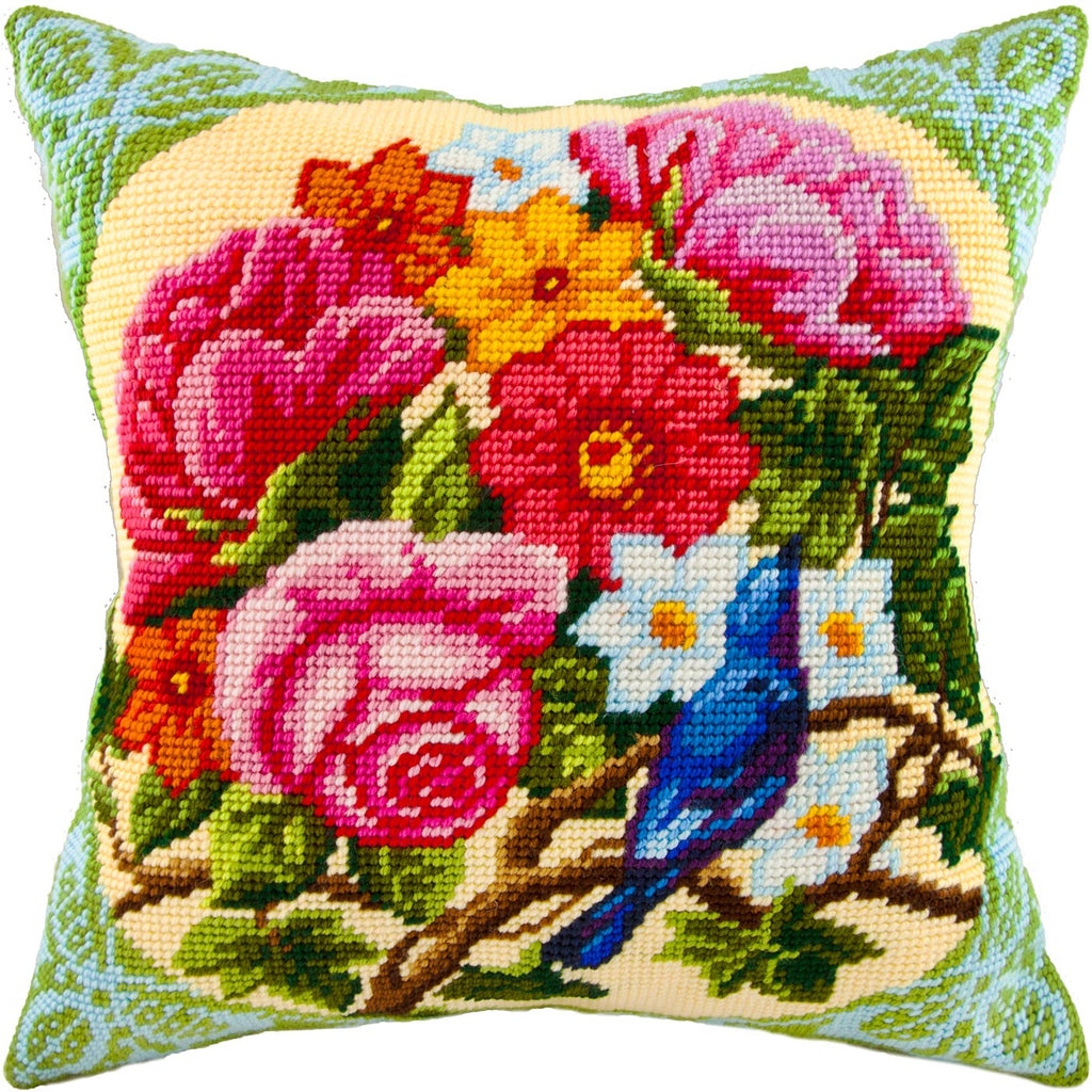 Brvsk Floral Stamped Cross-Stitch Kit for Adults and Beginners — Nightingale in Flowers 16″ × 16″ with Clear, Precise Printed Design on Cotton Canvas; Includes 2 Needles, Yarn, and Easy-Read Chart
