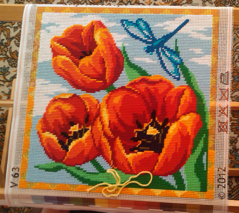 Red Tulips — Embroidery Kit 16″ × 16″ by Brvsk