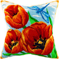 Brvsk Floral Embroidery Kit for Adults and Beginners — Red Tulips 16″ × 16″ with Clear, Precise Printed Design on Cotton Canvas; Includes 2 Needles, Yarn, and Easy-Read Chart