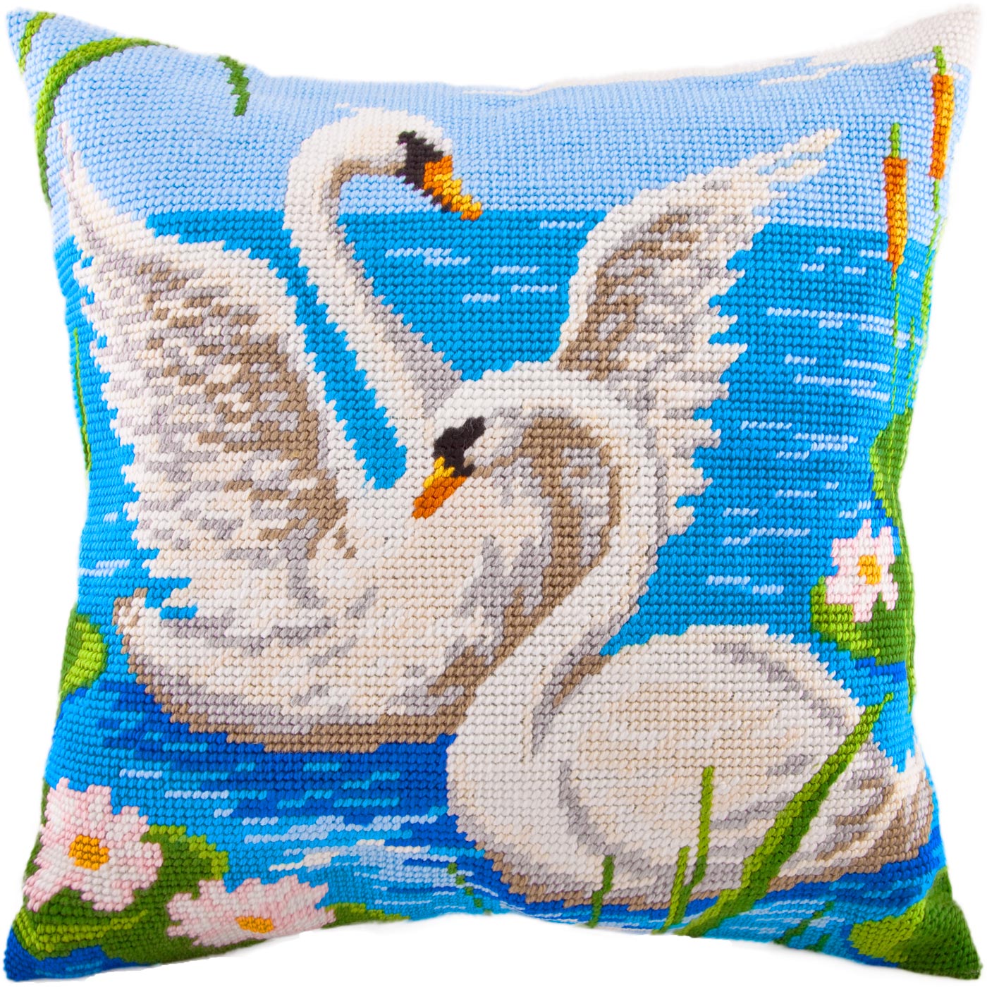 Brvsk Bird Stamped Cross-Stitch Kit for Adults and Beginners — Swans 16″ × 16″ with Clear, Precise Printed Design on Cotton Canvas; Includes 2 Needles, Yarn, and Easy-Read Chart