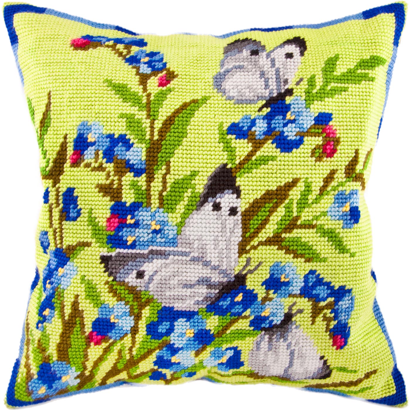 Nature-inspired Needlepoint Kit for Adults and Beginners — Large Whites on Forget-Me-Nots 16″ × 16″ with Clear, Precise Printed Design on Cotton Canvas; Includes 2 Needles, Yarn, and Easy-Read Chart