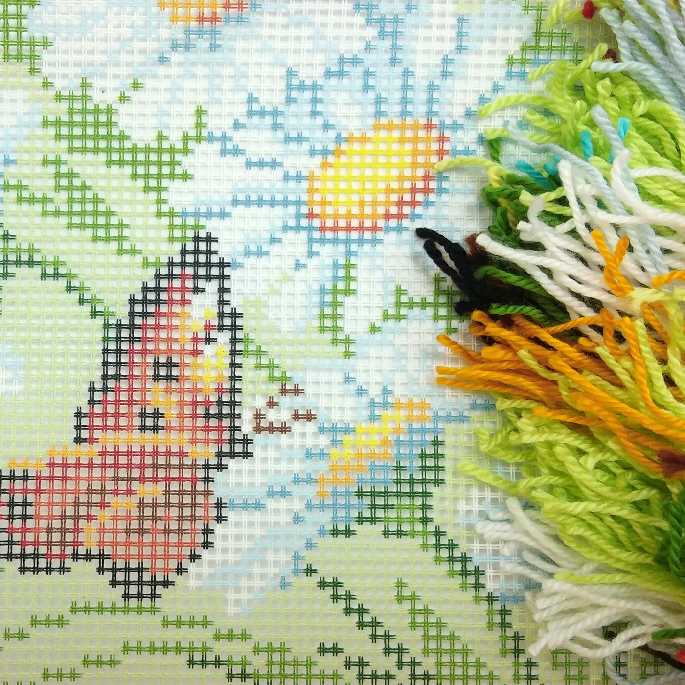 Small Tortoiseshells on Daisies — Stamped Cross Stitch Kit 16″ × 16″ by Brvsk