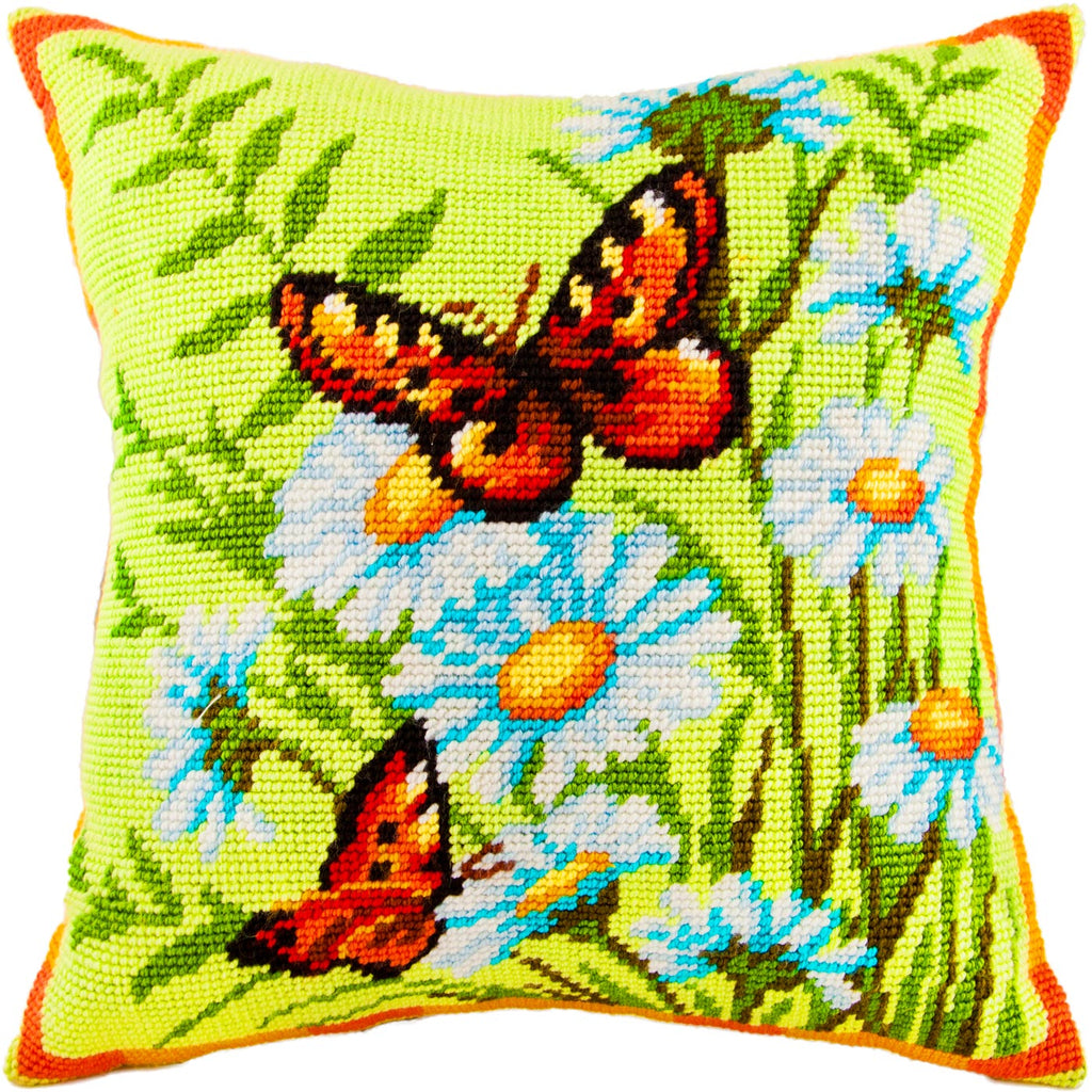 Small Tortoiseshells on Daisies — Stamped Cross Stitch Kit 16″ × 16″ by Brvsk