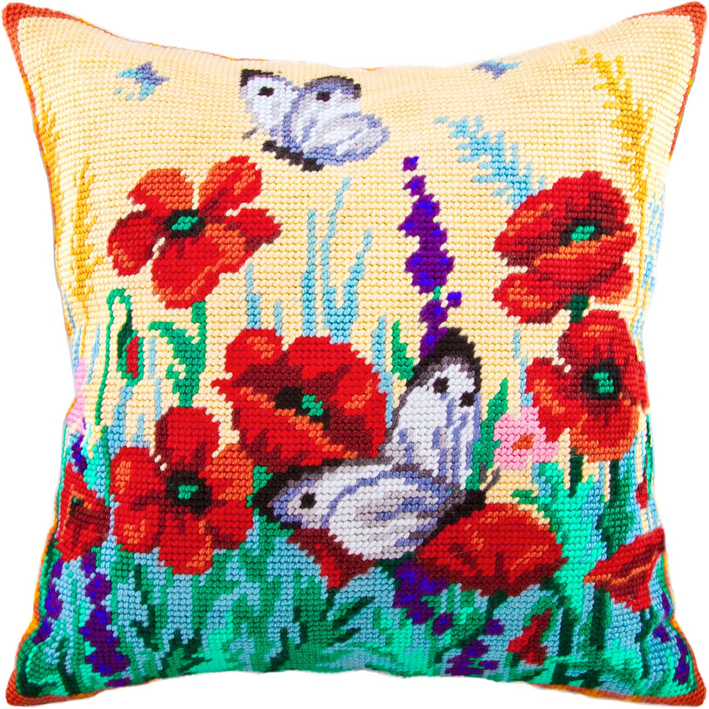 Brvsk Floral Embroidery Kit for Adults and Beginners — Large Whites on Poppies 16″ × 16″ with Clear, Precise Printed Design on Cotton Canvas; Includes 2 Needles, Yarn, and Easy-Read Chart