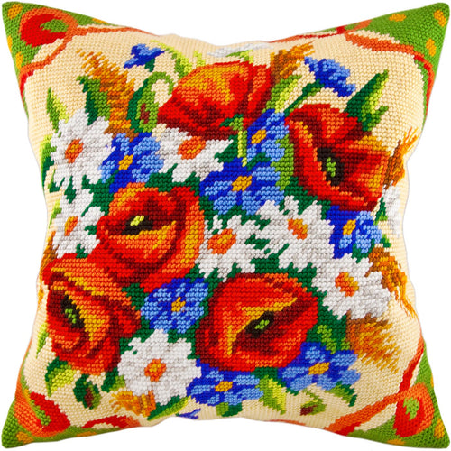 Bouquet of Wildflower. Needlepoint Kit. Throw Pillow 16×16 Inches. Printed Tapestry Canvas, European Quality