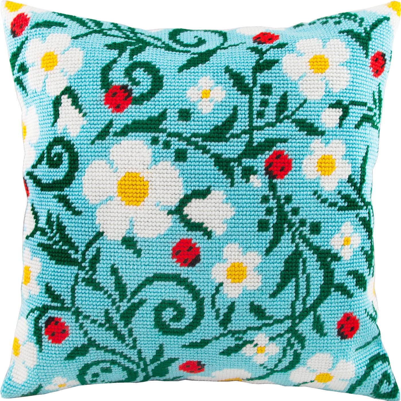 Brvsk Summer Needlepoint Kit for Adults and Beginners — Strawberry and Ladybugs 16″ × 16″ with Clear, Precise Printed Design on Cotton Canvas; Includes 2 Needles, Yarn, and Easy-Read Chart