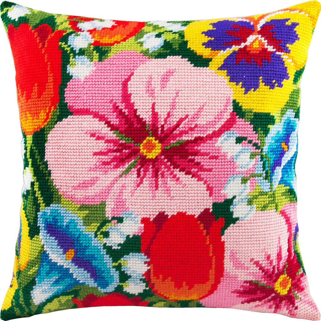 Brvsk Floral Stamped Cross-Stitch Kit for Adults and Beginners — Flower Bed 16″ × 16″ with Clear, Precise Printed Design on Cotton Canvas; Includes 2 Needles, Yarn, and Easy-Read Chart
