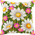 Brvsk Floral Needlepoint Kit for Adults and Beginners — Daisies 16″ × 16″ with Clear, Precise Printed Design on Cotton Canvas; Includes 2 Needles, Yarn, and Easy-Read Chart