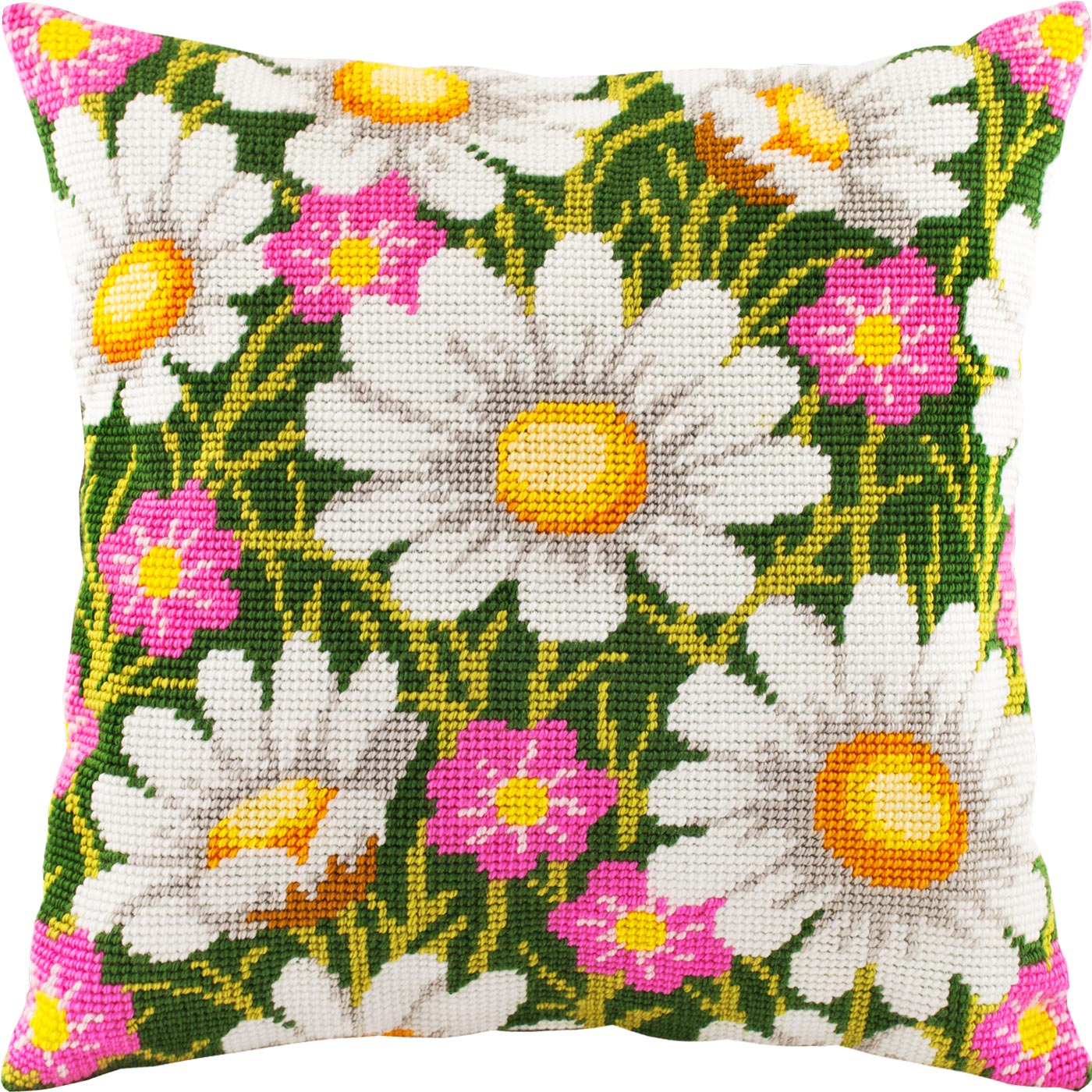 Brvsk Floral Needlepoint Kit for Adults and Beginners — Daisies 16″ × 16″ with Clear, Precise Printed Design on Cotton Canvas; Includes 2 Needles, Yarn, and Easy-Read Chart
