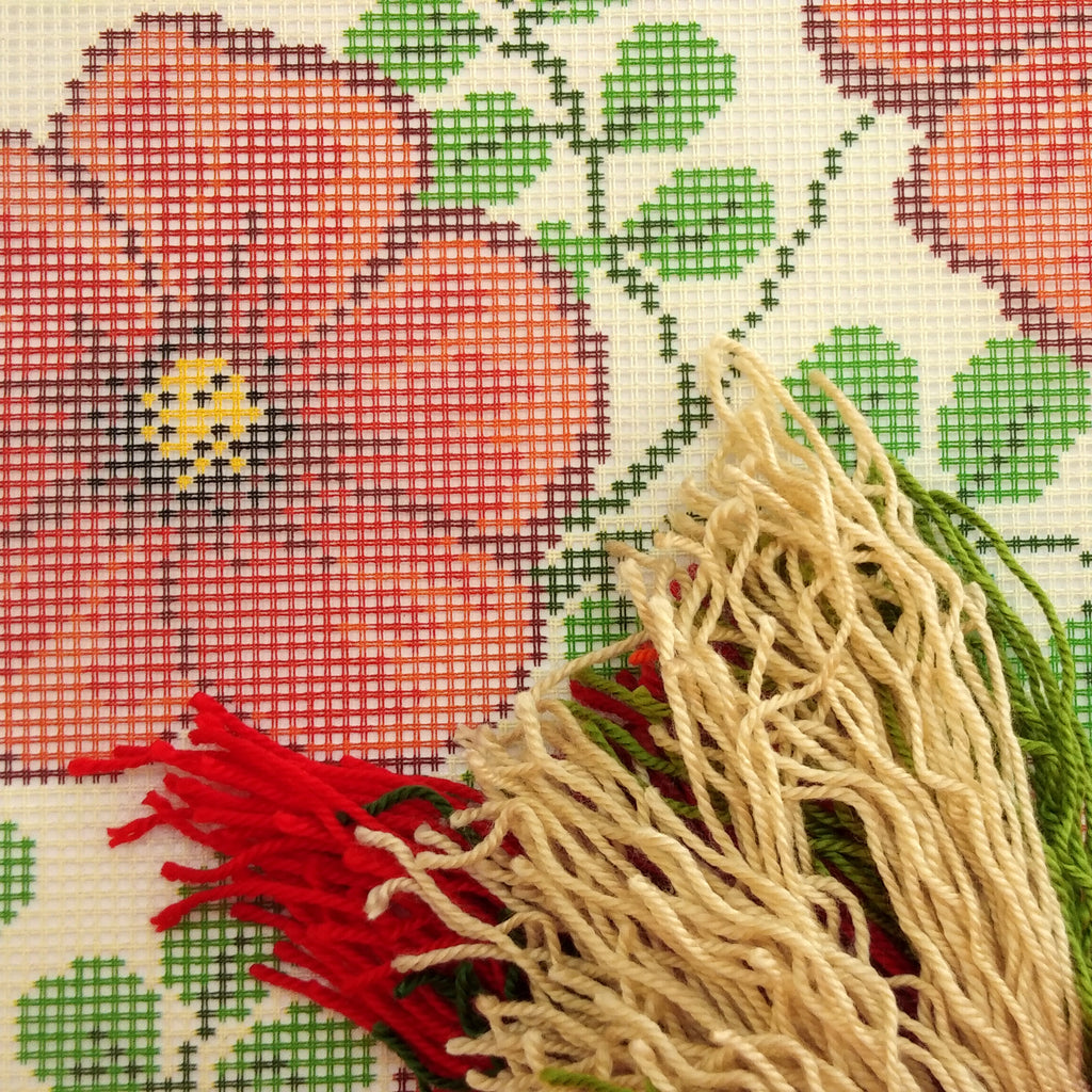 Brvsk Floral Stamped Cross-Stitch Kit for Adults and Beginners — Red Flowers 16″ × 16″ with Clear, Precise Printed Design on Cotton Canvas; Includes 2 Needles, Yarn, and Easy-Read Chart