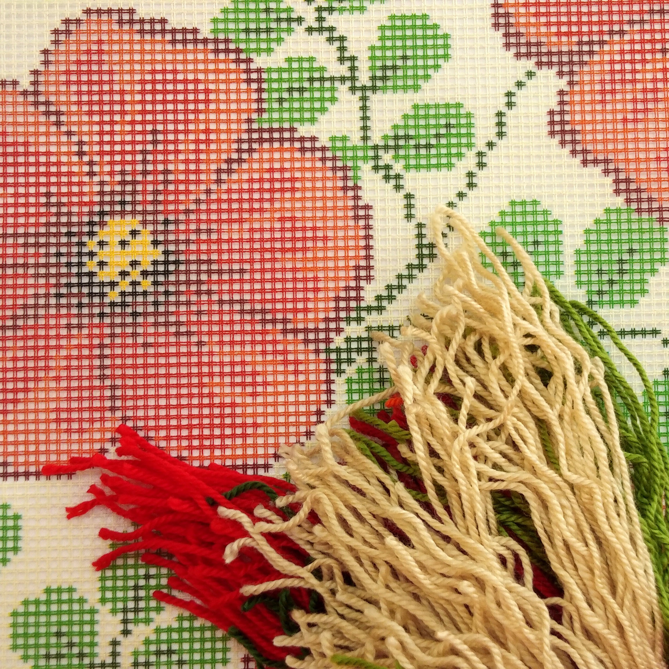 Brvsk Floral Stamped Cross-Stitch Kit for Adults and Beginners — Red Flowers 16″ × 16″ with Clear, Precise Printed Design on Cotton Canvas; Includes 2 Needles, Yarn, and Easy-Read Chart