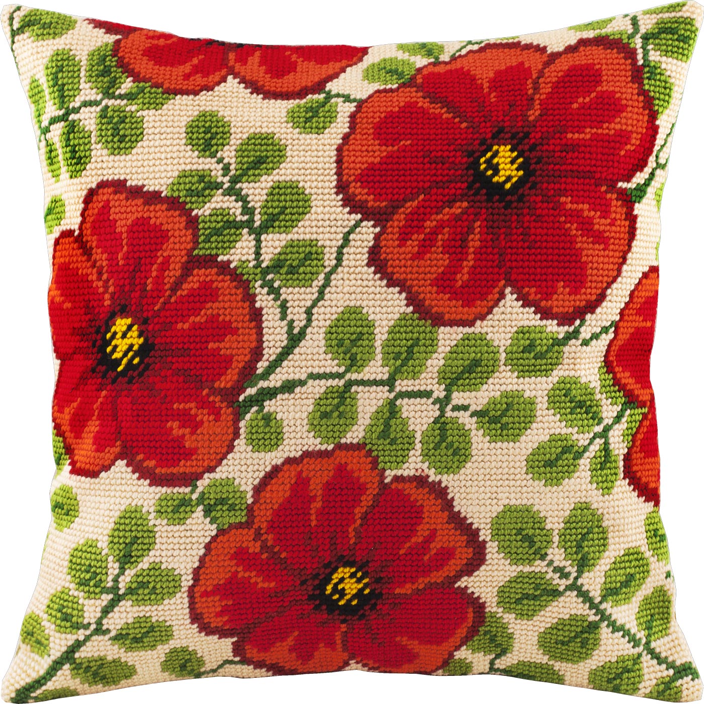 Brvsk Floral Stamped Cross-Stitch Kit for Adults and Beginners — Red Flowers 16″ × 16″ with Clear, Precise Printed Design on Cotton Canvas; Includes 2 Needles, Yarn, and Easy-Read Chart