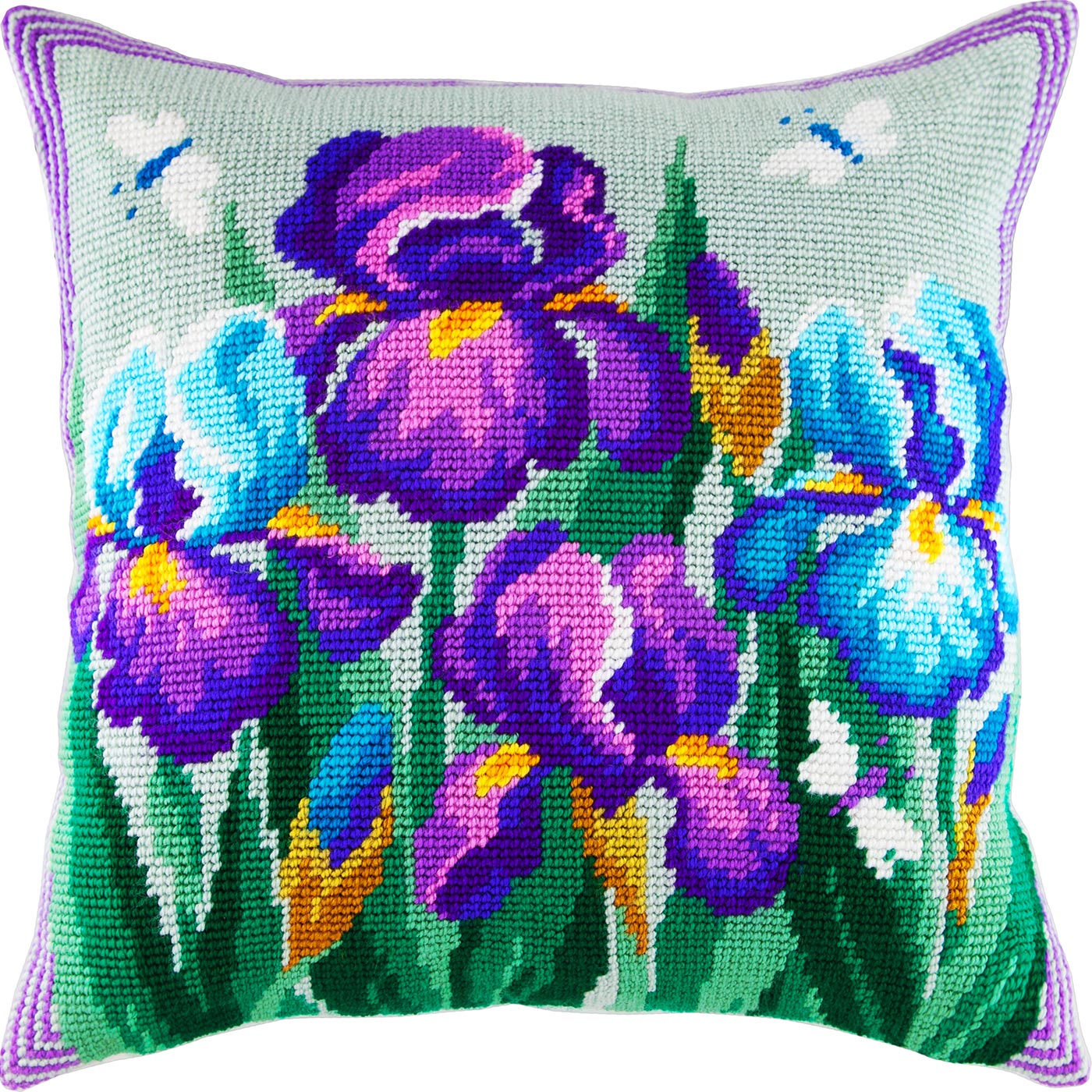 Floral Embroidery Kit for Adults and Beginners — Blue Irises 16″ × 16″ with Clear, Precise Printed Design on Cotton Canvas; Includes 2 Needles, Yarn, and Easy-Read Chart