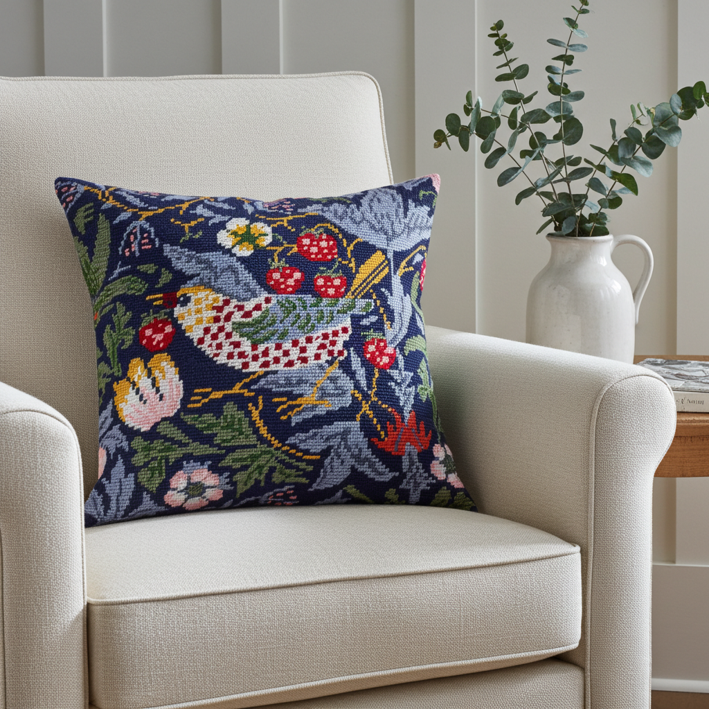 Brvsk Needlepoint Pillow Kit — Strawberry Thief by William Morris, 16″ × 16″