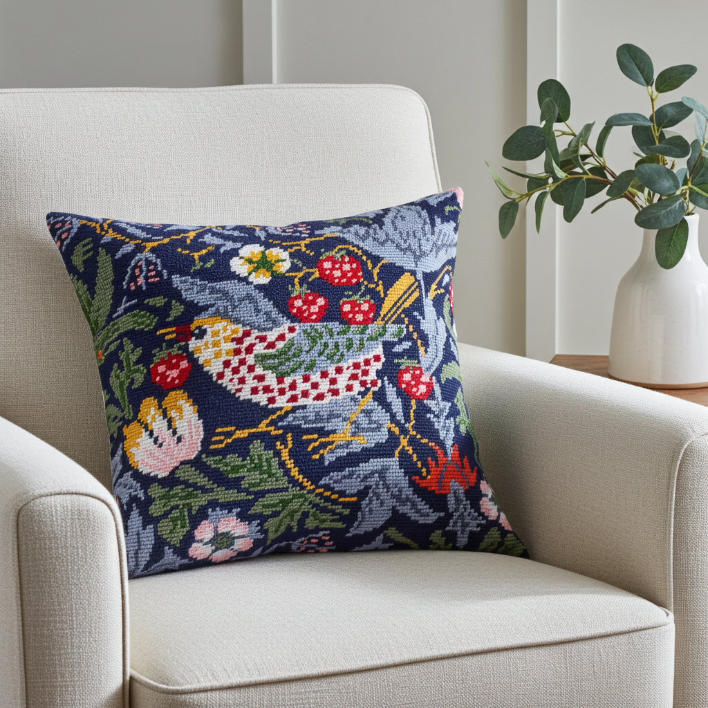 Brvsk Needlepoint Pillow Kit — Strawberry Thief by William Morris, 16″ × 16″